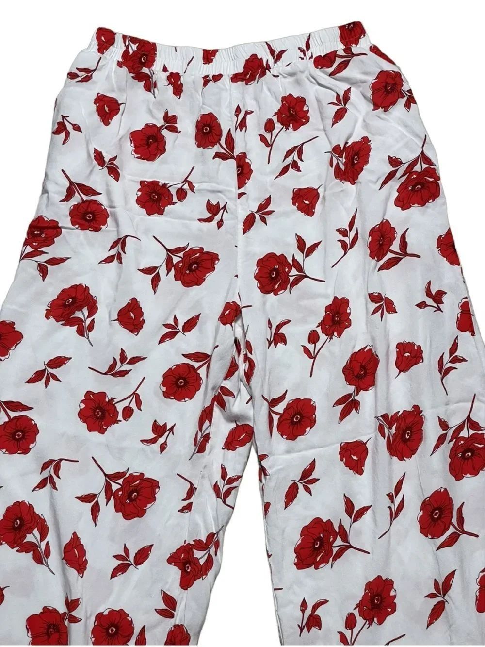 Japna Women’s Beautiful Red Floral Pajama Pants with Pockets - White Base - LG - Picture 2 of 8